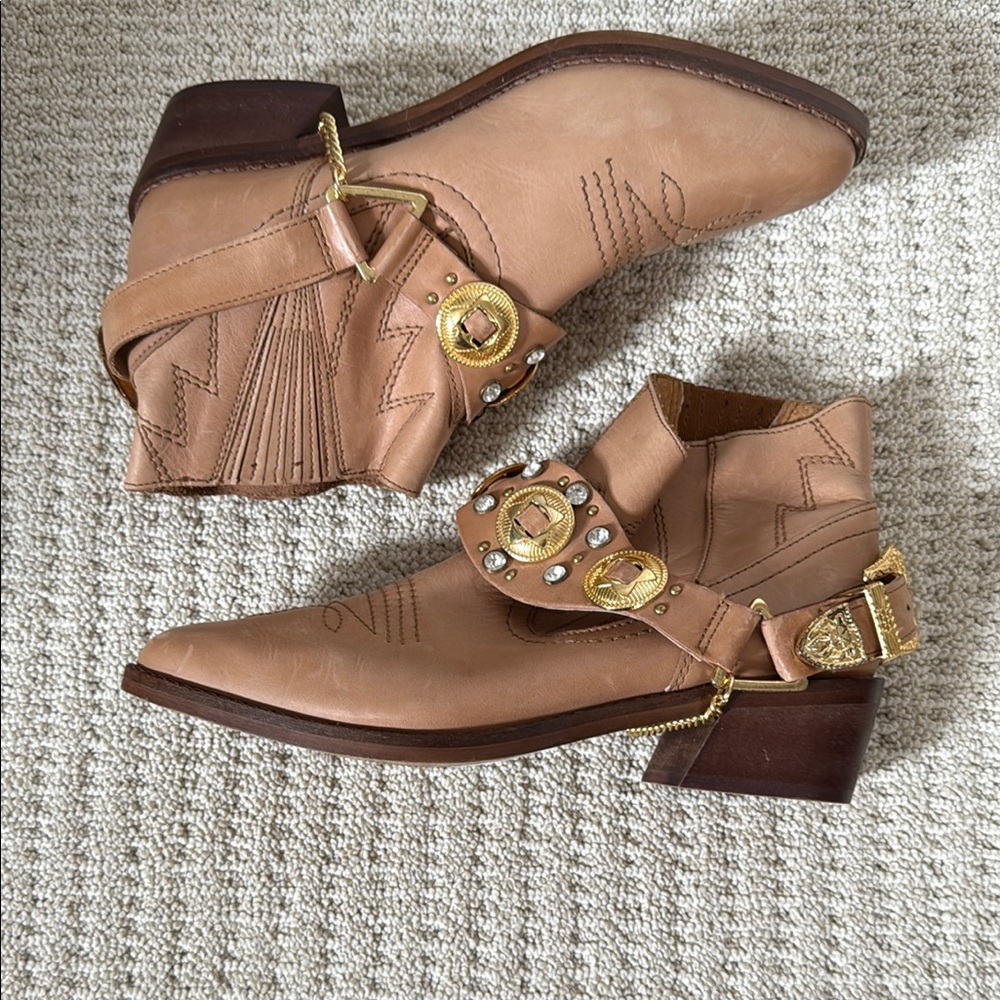 Gold Accented Tan Ankle Booties with Pointed Toe